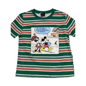 Zara Disney Mickey Minnie Mouse Striped Graphic Tee Green Orange White Size M